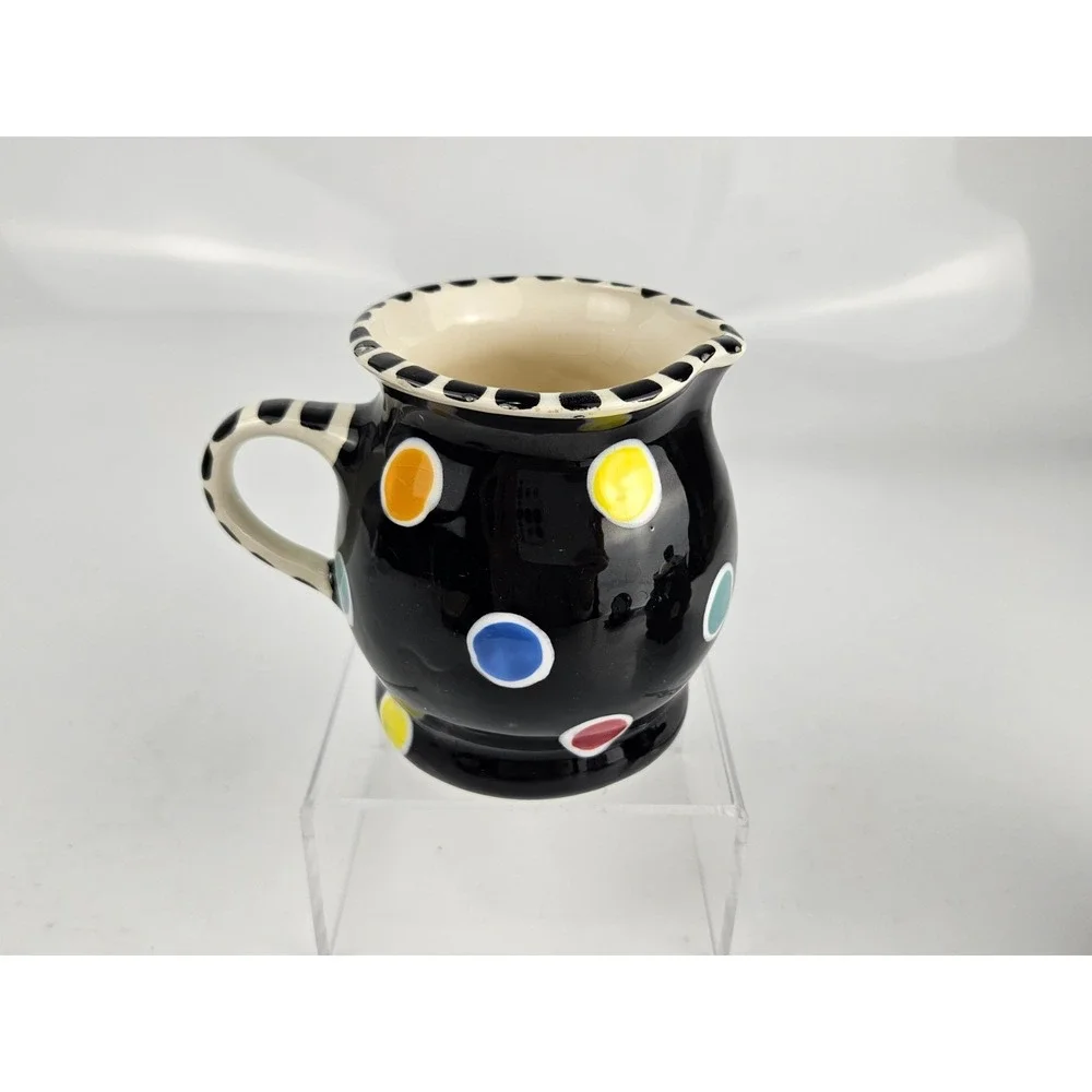Lynn Morris Signed 3 Piece‎ Ceramic Creamer Sugar Set Polka Dot Black